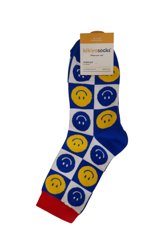 Smiling face Adult Crew Socks - Yellow, Blue and White - Mu Shop