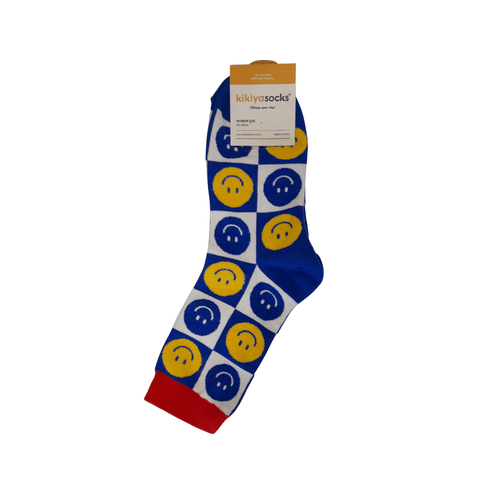 Smiling face Adult Crew Socks - Yellow, Blue and White - Mu Shop