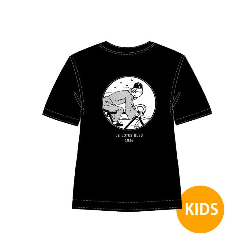 Tintin Blue Lotus (Bike) B&W Kids T-shirt Black - Mu Shop